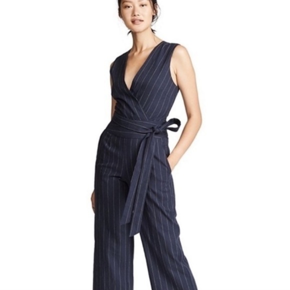 L’AGENCE Joslyn Jumpsuit Linen Navy Ivory Pinstripe (size 4) - Picture 2 of 13